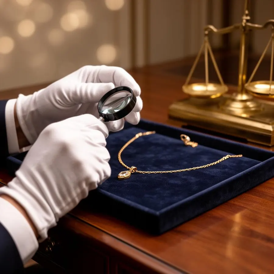 Expert taxeert gouden ketting met loep en weegschaal in Den Haag